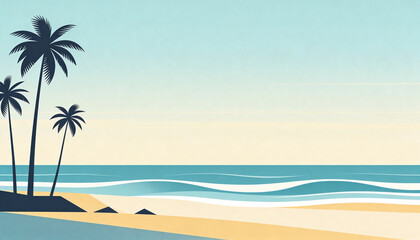Obraz premium Summer illustration, sea, blue sky, silhouettes of palm trees on the island. Copy space.