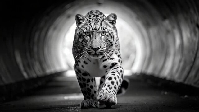 Black and white leopard strides confidently through a tunnel, head-on