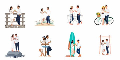 Fototapeta premium Set of minimalist vector illustrations featuring a romantic couple enjoying various summer vacation activities, from beach walks to cafe dates.