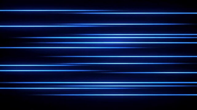 Neon blue light streaks on dark background with white empty space, motion blur effect, futuristic technology abstract