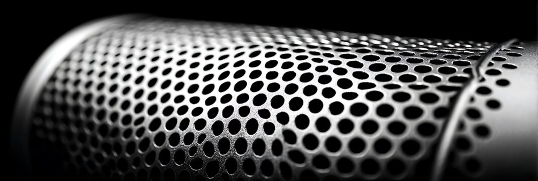 Macro shot of a professional microphone mesh grille, showing intricate perforated metal patterns and textures in a dramatic black and white cinematic lighting style.
