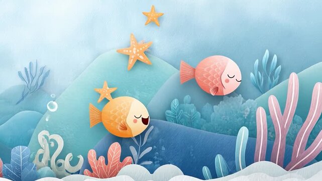 ?Cute fish and starfish playfully swim in a colorful underwater world animation