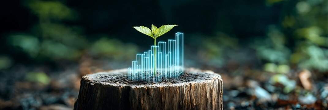 Green sprout growing on a tree stump with a digital glowing bar chart representing sustainable business growth, environmental investment, and eco-friendly financial success.