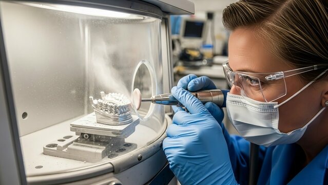 female dental technician using sandblaster machine on ceramic crown
