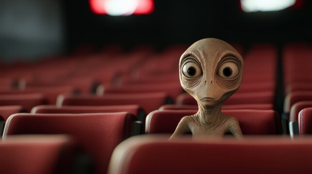 Alien sits in a mostly empty movie theater, enjoying a film, showcasing the universal appeal of entertainment and the possibility of extraterrestrial life engaging in human like activities