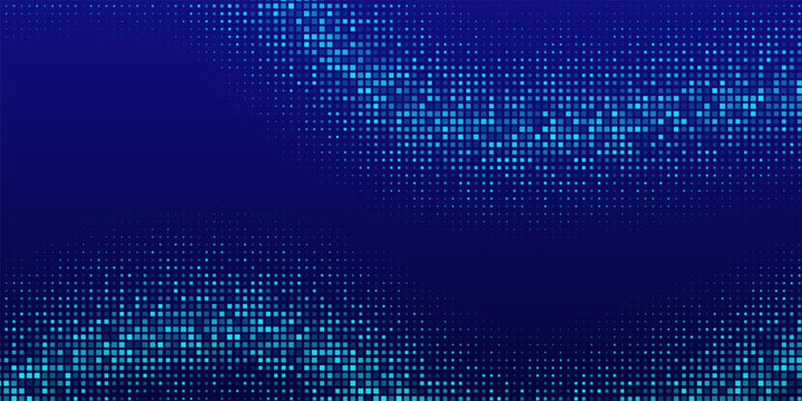 Digital data wave background. Blue dot pixel halftone wave with dynamic motion effect. Futuristic technology banner, poster, backdrop. Modern abstract technology vector illustration.