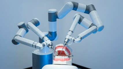Fototapeta premium futuristic robotic arms performing automated dental surgery on jaw model