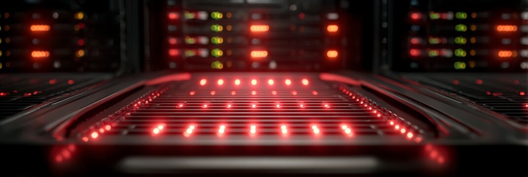 Futuristic Data Center Server Room with Glowing Red LED Lights Representing High Speed Cloud Computing Cybersecurity Network Infrastructure and Digital Data Storage