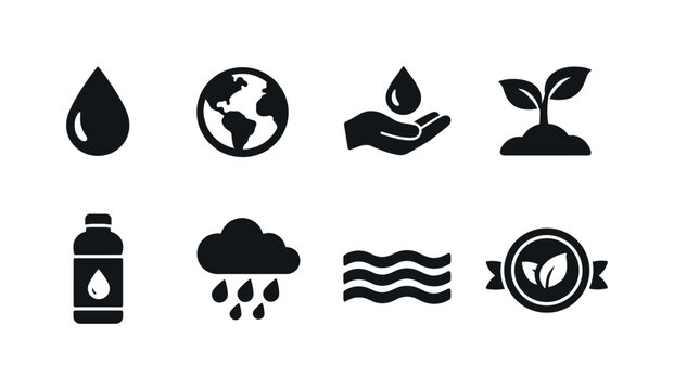 Future Water Care. Filled icon set of Future Water Care: clean water drop, planet earth, child hand with