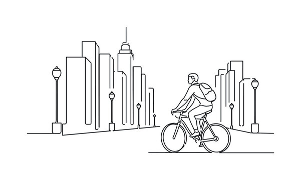 "Urban Bike Ride". Minimalistic one-line drawing person cycling through a city avenue passing tall buildings
