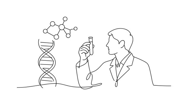 "Biotech Laboratory Innovation". Minimalistic one-line drawing scientist holding a test tube while observing a