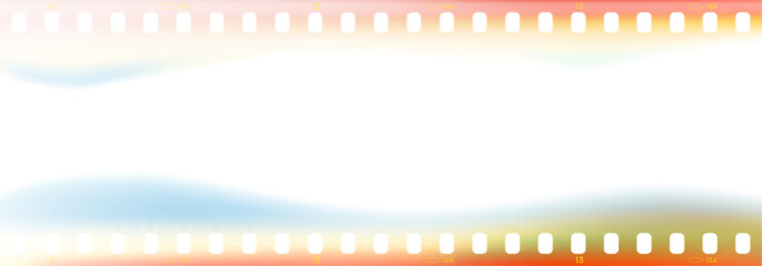 Obraz premium Realistic film frame with light leak effects. Retro 35mm vector border with sprocket holes with burn gradient and transparent overlay for retro video, cinematic project, nostalgic photo edit.