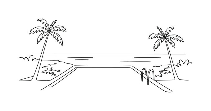 "Tropical Pool by the Sea". Minimalistic one-line drawing infinity swimming pool overlooking calm ocean
