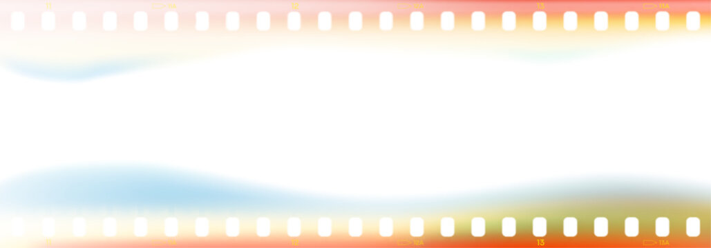 Realistic film frame with light leak effects. Retro 35mm vector border with sprocket holes with burn gradient and transparent overlay for retro video, cinematic project, nostalgic photo edit.