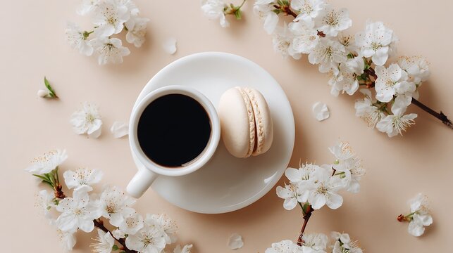 Elegant Flat Lay of Fresh Black Coffee in a White Ceramic Cup with a Delicate Macaron and Blooming Spring Cherry Blossoms on a Minimalist Neutral Background