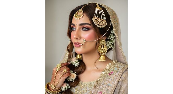 A beautiful woman in traditional Pakistani wedding attire with gold jewelry and intricate makeup
