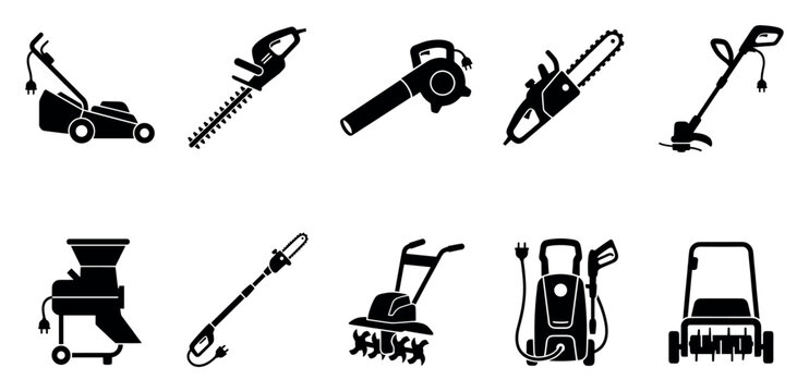 Collection of black silhouette garden tools including a lawn mower, hedge trimmer, leaf blower, chainsaw, string trimmer, chipper, tiller, pressure washer and aerator on a white background.