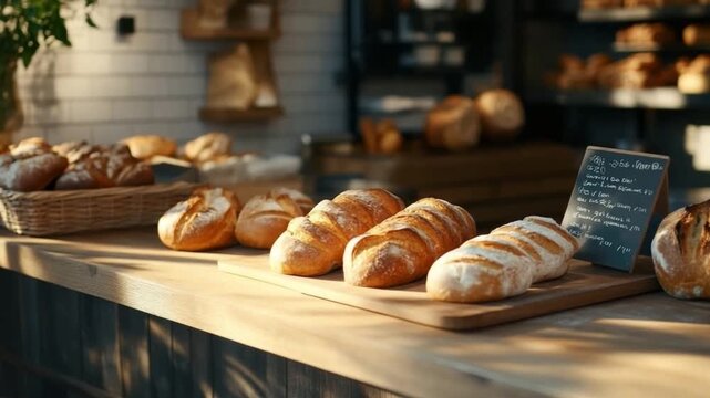 Explore the inviting scene of a bakery filled with fresh bread. Experience the warmth and charm of artisanal craftsmanship. Perfect for food lovers. AI