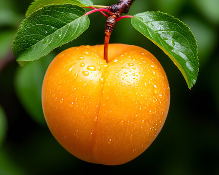 A ripe yellow apricot with water droplets hanging from a branch with green leaves against a blurred background.