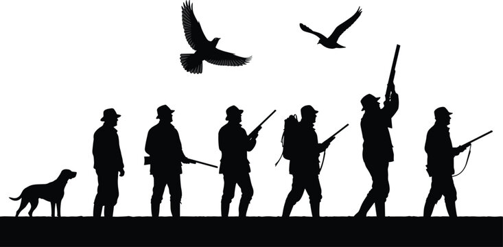 Hunting silhouettes set with hunters carrying rifles dogs and flying birds isolated on white background, outdoor sport nature vector illustrations.