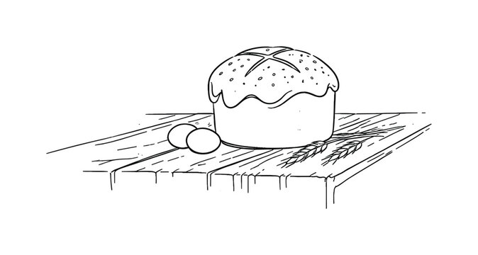 "Rustic Easter Bread in Natural Light". Minimalistic one-line drawing Easter bread resting on a rustic wooden