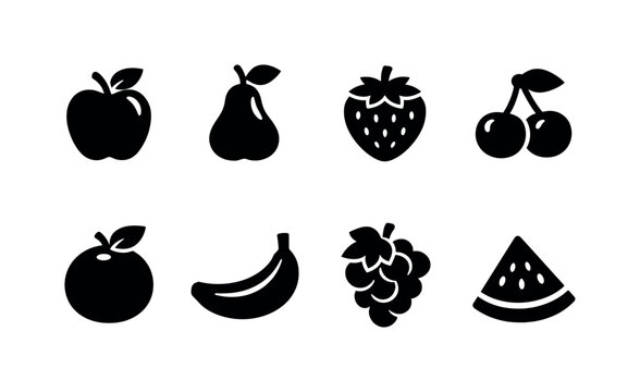 Seasonal Fruits. Filled icon set of Seasonal Fruits: apple, pear, strawberry, cherry, orange, banana, grape