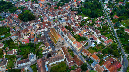 Obraz premium Aerial view around the old town of the city Rozay-en-Brie in France on a cloudy late summer afternoon