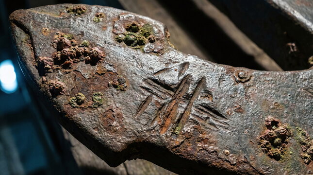 Close-up of a rusted vintage ship anchor fluke with encrusted barnacles and weathered metal texture from long-term sea exposure
