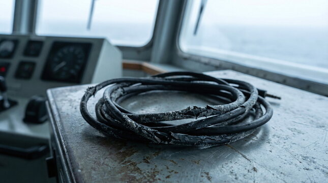 Damaged and frayed black electrical cable coiled on a metal surface inside a ship bridge with nautical instruments and sea view in the background