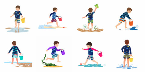 Set of cartoon illustrations of a young boy playing at the beach with a colorful bucket, wearing a shark print rash guard.