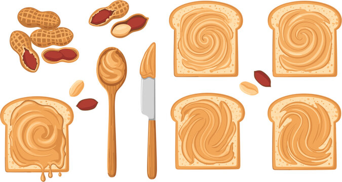 Peanut Butter Spread on Toast with Peanut and Knife Cartoon Vector Set for Food Preparation Illustration