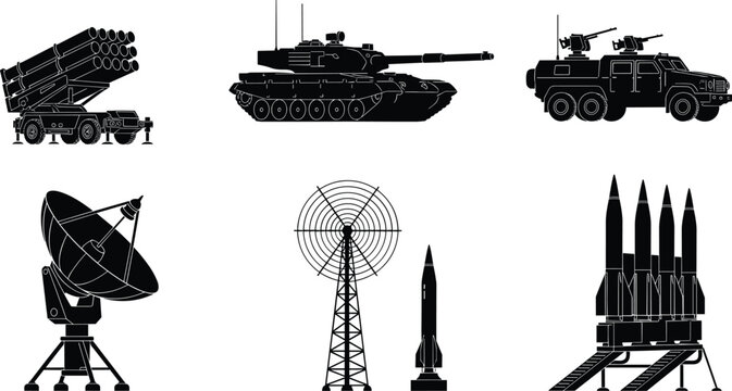 Military and defense equipment silhouette illustration, weaponry and communication artwork, modern warfare design concept, black and white vector template set
