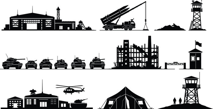 Military base and battlefield elements silhouette illustration, vehicles and structures artwork, defense design concept, black and white vector template set