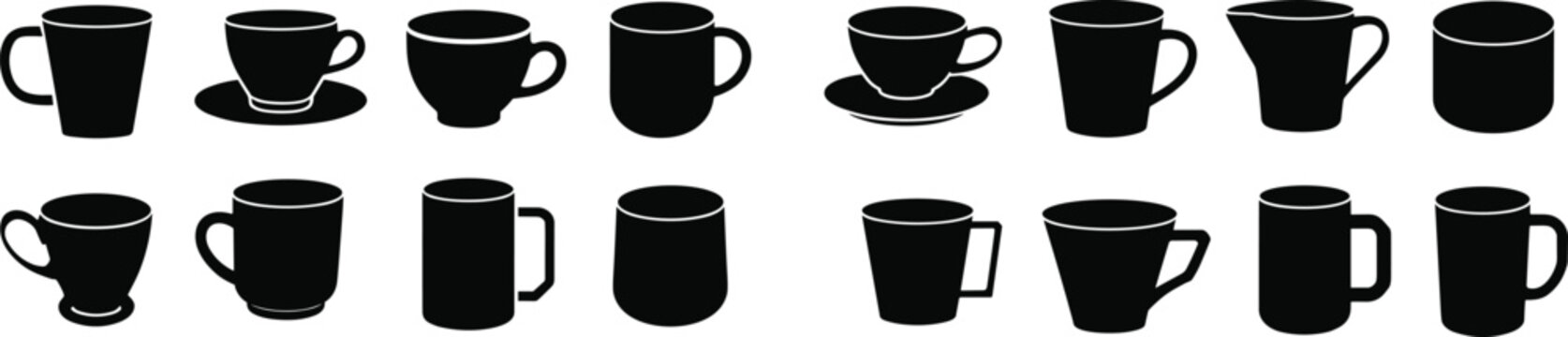 Coffee cup silhouettes set, mug and teacup collection, black vector drinkware icons isolated, cafe beverage elements for branding design