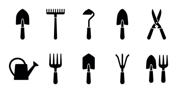 A clean, minimalist collection of black silhouette icons representing various gardening tools against a white background, ideal for design projects.