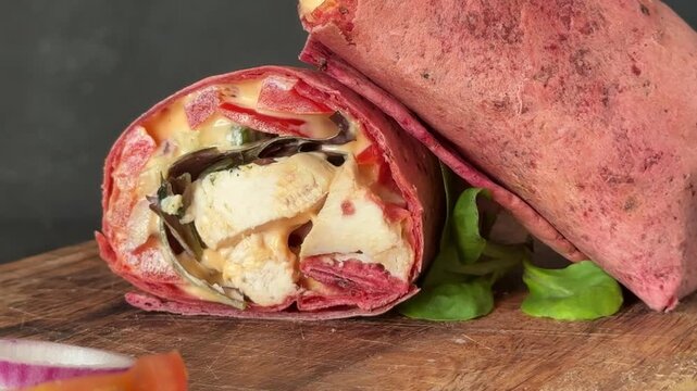Kebab wrap chicken and vegetables pink lavash doner kebab tasty shawarma snack fresh gourmet food background on the table rustic food top view copy space dark background marketing concept 