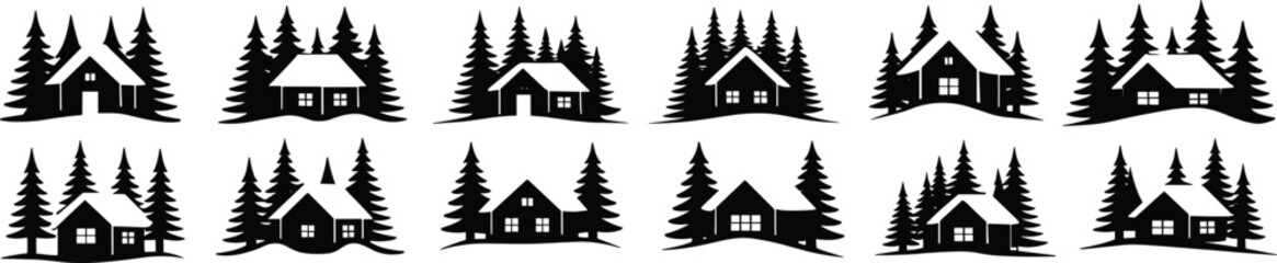 Obraz premium Winter cabin silhouettes set, forest house collection, pine tree landscape scenes, black vector cottages isolated for holiday design illustration