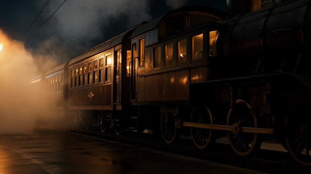 ?Steam train passing through nighttime station with smoky lantern lit atmosphere