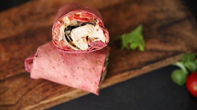 Kebab wrap chicken and vegetables pink lavash doner kebab tasty shawarma snack fresh gourmet food background on the table rustic food top view copy space dark background marketing concept 