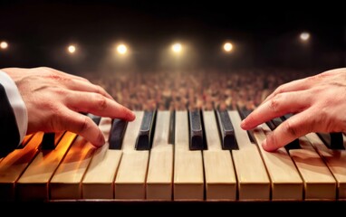 Fototapeta premium Pianist Hands Illuminated While Pressing Piano Keys on Stage