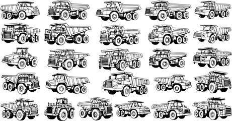 Detailed Line Art Collection of Dump Trucks: Black and White Vector Illustrations of Heavy Construction, Mining, and Earthmoving Vehicles © victoria