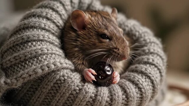 A small brown rat curls contentedly inside a warm grey knitted sweater, clutching a dark berry with soft furry paws.