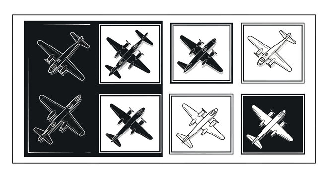 Retro Aircraft Silhouettes Set: Vintage Warplanes in Black and White