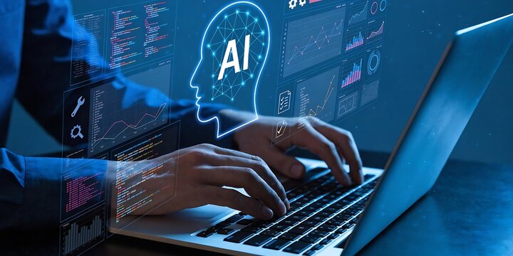 AI coding tool. Assisting software development and automating tasks. Programmer using AI to generate code for creating applications