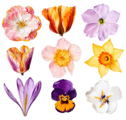 Fototapeta premium Watercolor garden flowers bundle tulips narcissus pansy isolated transparent background PNG