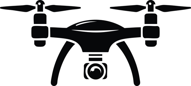 Black silhouette of a quadcopter drone with camera simple vector icon for aerial photography and technology concepts isolated on white isolated on white background