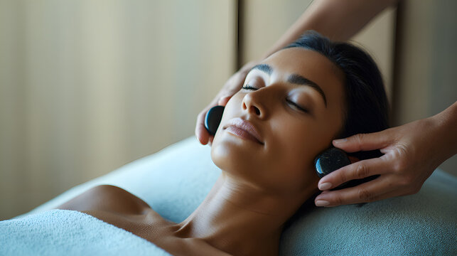 Woman relaxing during hot stone facial spa treatment
