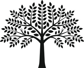 Obraz premium Stylized tree silhouette, decorative black trunk, symmetrical branches, oval leaves, minimalistic design, nature concept, growth symbol, family tree illustration, eco art