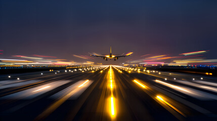 Obraz premium Airplane landing on illuminated runway creating light trails at night
