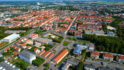 Obraz premium Aerial view beside the old town of the city Vitry-le-Francois in France on a sunny summer afternoon. 